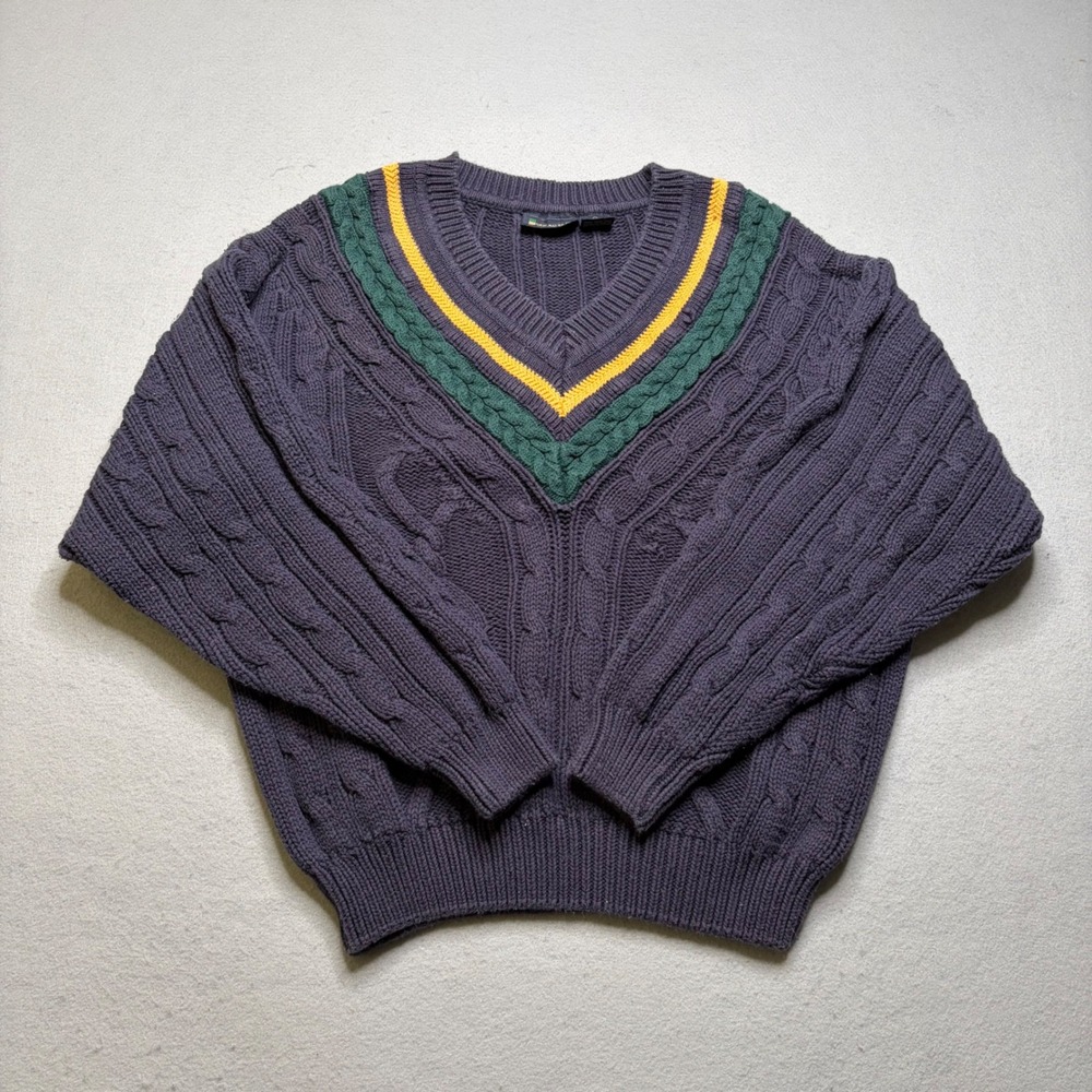 New River Sweater Womens L Purple‎ V-Neck Cable Knit Collegiate Stripe Vintage
